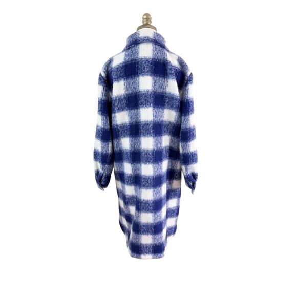 LOFT Blue and White Plaid Fuzzy Long Shacket Jacket Women's Size Large EUC - Picture 6 of 11